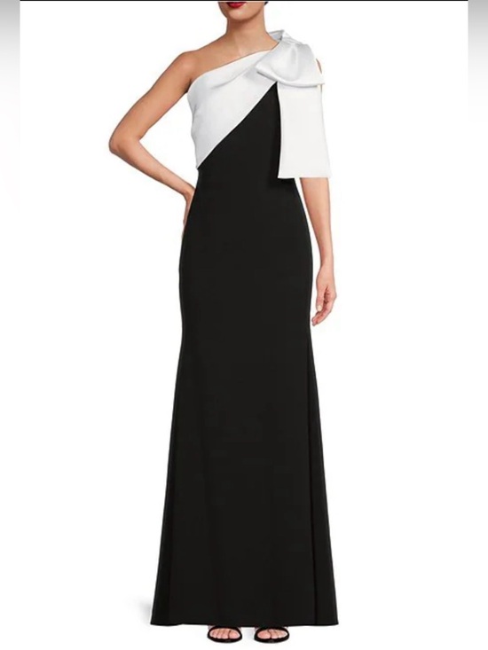 Betsy & Adam Dresses & Skirts - Betsy & Adam Black One-Shoulder Gown with White Bow Accent